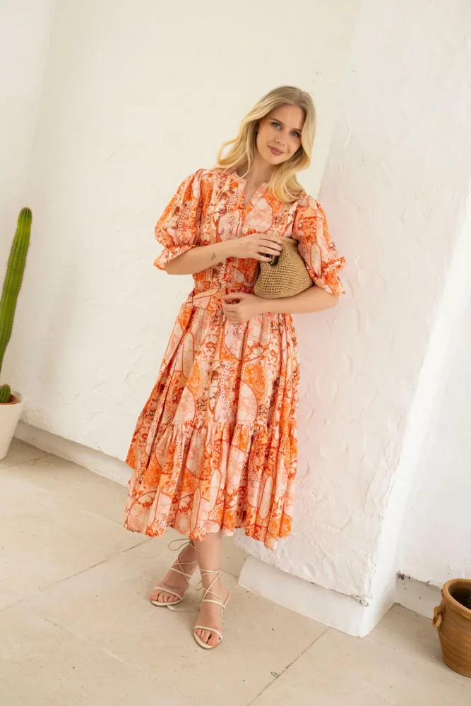 Gertrude Linen Midi Dress - Coral Flower