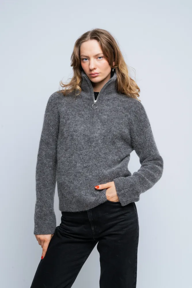 Sia Ras Ls Knit Half Zipper Ex - Medium Grey Melange - Bilde 2