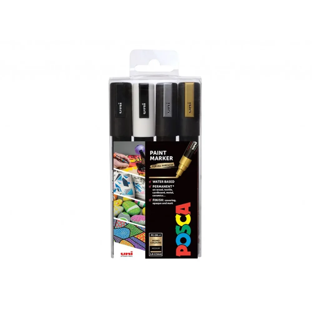 Uni POSCA PC-5M - Medium 1,8-2,5mm - Sett Mono/Metallic 4stk