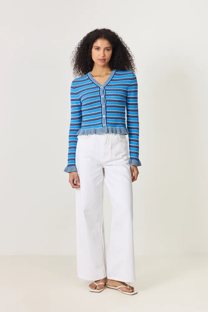Cotton Pointelle Stripe Cardigan - Marina - Bilde 2