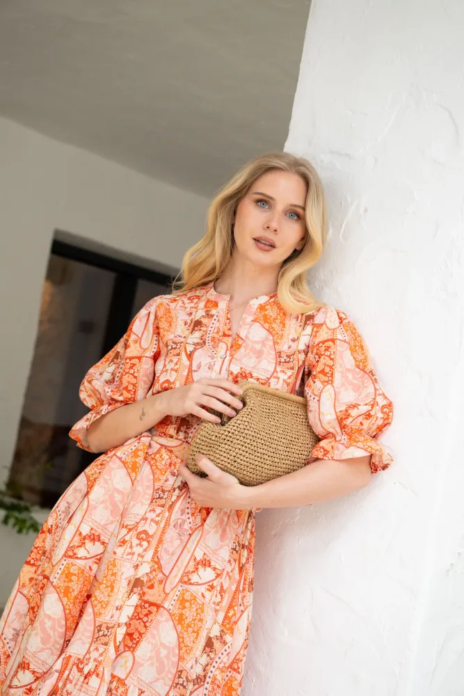 Gertrude Linen Midi Dress - Coral Flower - Bilde 2