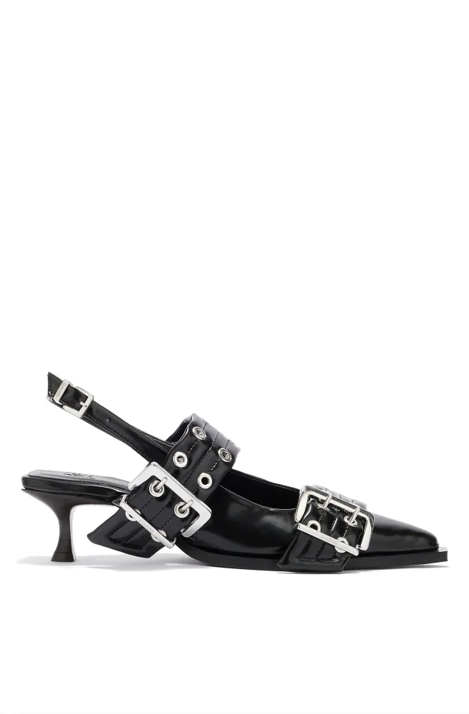 Feminine Buckle Kitten Heel Box Oleatex - Black