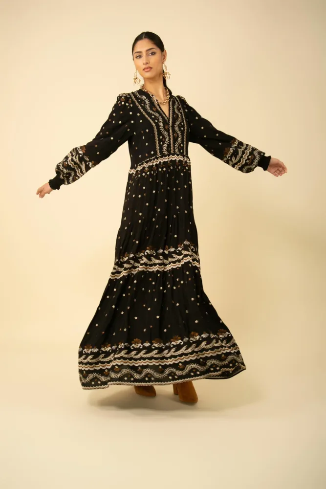 Audrey Long Dress W Embrodey - Black - Bilde 3